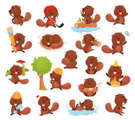 Funny Beaver Character in Different Actions Big Vector Set © Happypictures