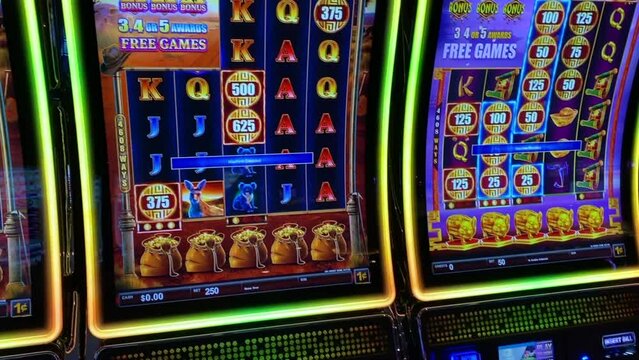 Jackpot Slot machines with flashing lights and good luck in casino on cruise ship