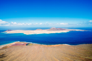 Fototapeta na wymiar Graciosa island seen from Miraror del Rio viewpoint on Lanzarote Island, Spain