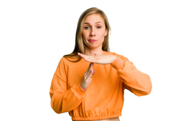 Young caucasian woman cutout isolated showing a timeout gesture.