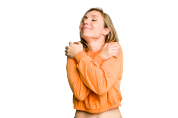 Young caucasian woman cutout isolated hugs, smiling carefree and happy.