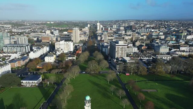 Aerial view of Plymouth and Plymouth Naval Memorial leading to Hoe Park, Plymouth, UK.