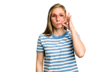 Young caucasian woman cutout isolated with fingers on lips keeping a secret.