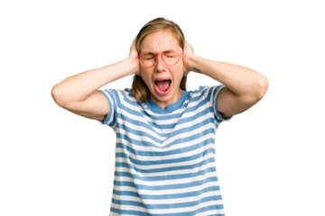 Young caucasian woman cutout isolated covering ears with hands trying not to hear too loud sound.