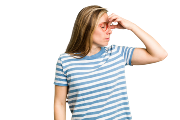 Young caucasian woman cutout isolated having a head ache, touching front of the face.