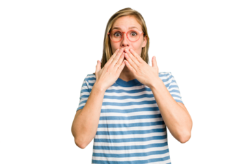 Young caucasian woman cutout isolated shocked, covering mouth with hands, anxious to discover something new.