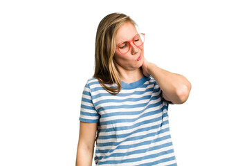 Young caucasian woman cutout isolated having a neck pain due to stress, massaging and touching it with hand.