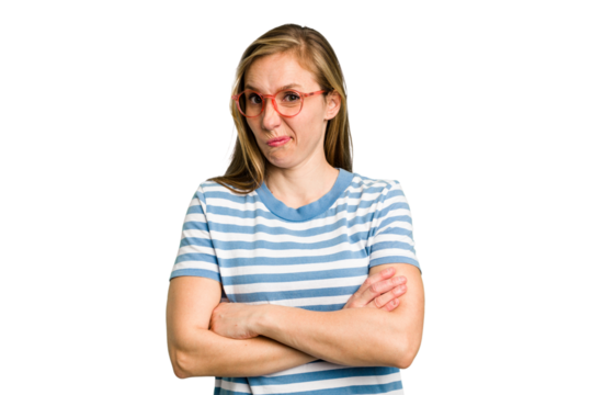Young caucasian woman cutout isolated unhappy looking in camera with sarcastic expression.