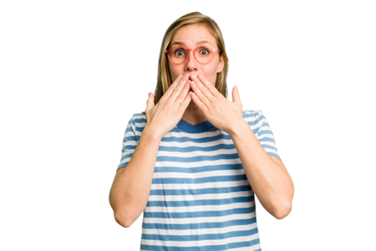 Young caucasian woman cutout isolated shocked, covering mouth with hands, anxious to discover something new.
