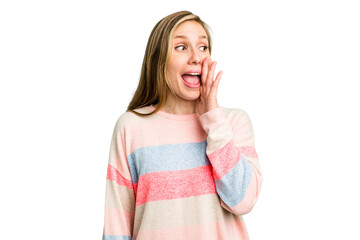 Young caucasian woman cutout isolated shouting excited to front.