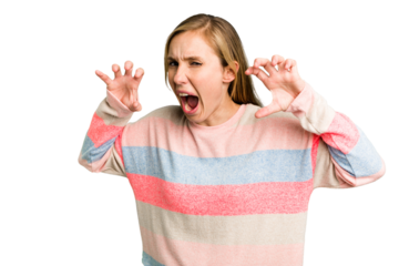 Young caucasian woman cutout isolated upset screaming with tense hands.