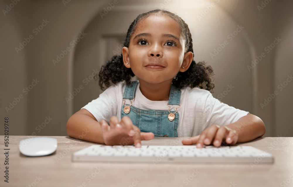 Poster Child, internet and keyboard with a girl browsing online to learn and gain knowledge or education. Lesson, kid and computer with children distance learning from home for school assignment