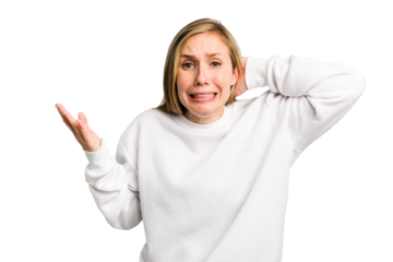 Young caucasian woman cutout isolated screaming with rage.