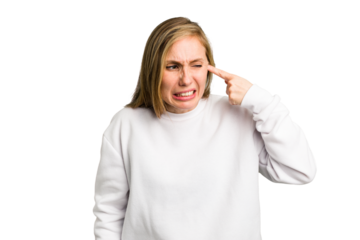 Young caucasian woman cutout isolated covering ears with hands.