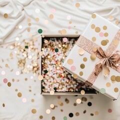 A beautiful gift box, surrounded by gold glitter. 