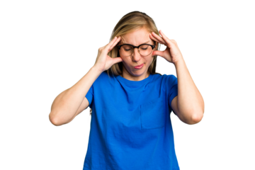 Young caucasian woman cutout isolated having a head ache, touching front of the face.