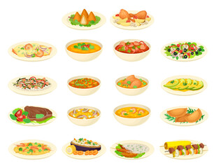 Brazilian Food and Dish Served in Bowl and on Plate Big Vector Set