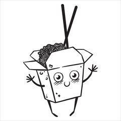 cute drawing in doodle style. character with chinese noodles. box of asian food.
