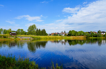 Eschenbacher Teich near Clausthal-Zellerfeld in the Upper Harz Mountains. Idyllic landscape at the small lake with the surrounding nature.
