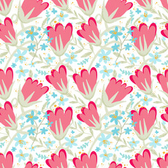 Seamless pattern with flat tulips and blue wildflowers. Colorful flower background. Children funny floral texture.