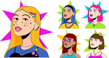 Set of NFT concepts of fashionable girls in different styles. Vector illustration