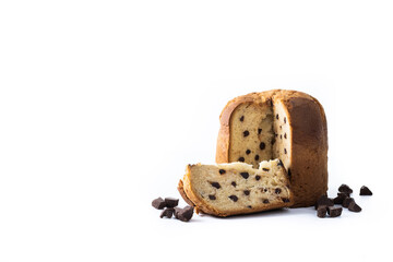Traditional Christmas panettone with chocolate chips isolated on white background. Copy space