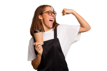 Young caucasian woman holding takeaway coffee isolated raising fist after a victory, winner concept.