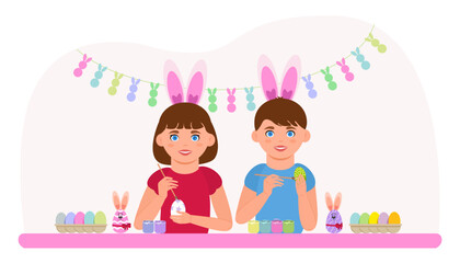 Easter. Religious holiday. Children paint eggs. Vector. Graphics. 