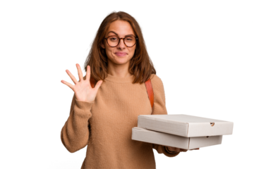 Young student woman holding pizzas isolated smiling cheerful showing number five with fingers.