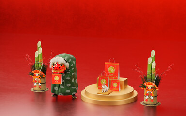 赤の背景に置かれた福袋と獅子舞と門松 / 卯年・初売り・新春セール用背景素材 / コピースペース / 3Dレンダリング