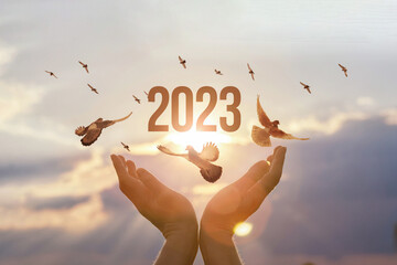 Concept of a new year 2023 with the hope of victory. - obrazy, fototapety, plakaty