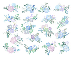 Blue Flowers Bouquet and Floral Tender Composition Big Vector Set