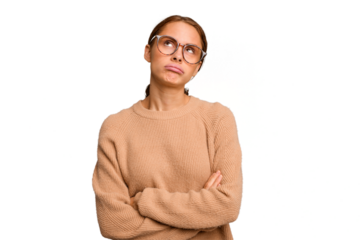 Young caucasian woman isolated tired of a repetitive task.