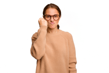 Young caucasian woman isolated showing fist to camera, aggressive facial expression.