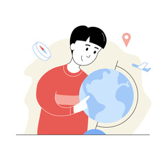 Cute smiling schoolboy exploring globe while studying geography. Elementary school student studying world map art lesson. School education, learning cartoon thin line vector illustration