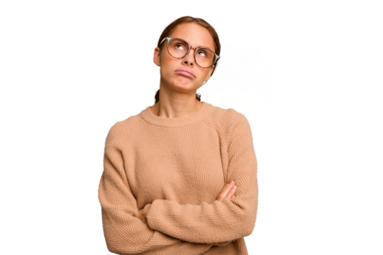 Young caucasian woman isolated tired of a repetitive task.