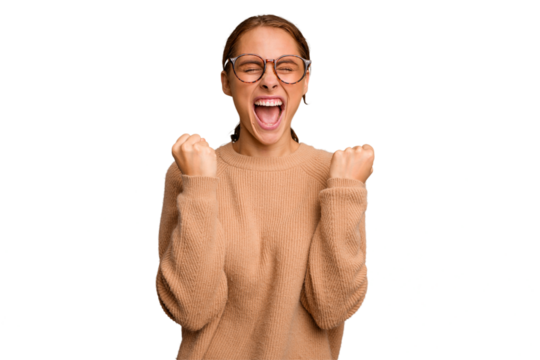 Young caucasian woman isolated cheering carefree and excited. Victory concept. - Powered by Adobe
