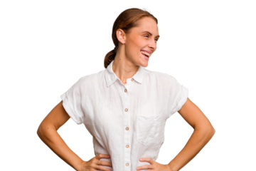 Young caucasian woman isolated confident keeping hands on hips.