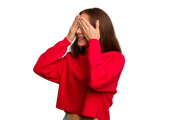 Young caucasian woman isolated afraid covering eyes with hands.