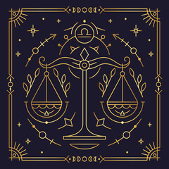 Libra zodiac astrological horoscope golden sign dark navy card. Stylized Scales symbol of esoteric, zodiacal astrological calendar, horoscope constellation thin line vector illustration - obrazy, fototapety, plakaty