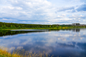 Hirschler pond near Clausthal-Zellerfeld in the Harz Mountains. Landscape with a small lake and idyllic nature.
