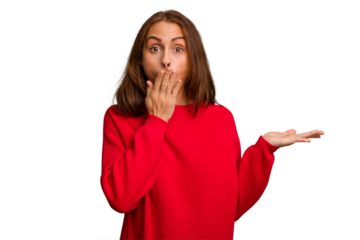 Young caucasian woman isolated impressed holding copy space on palm.