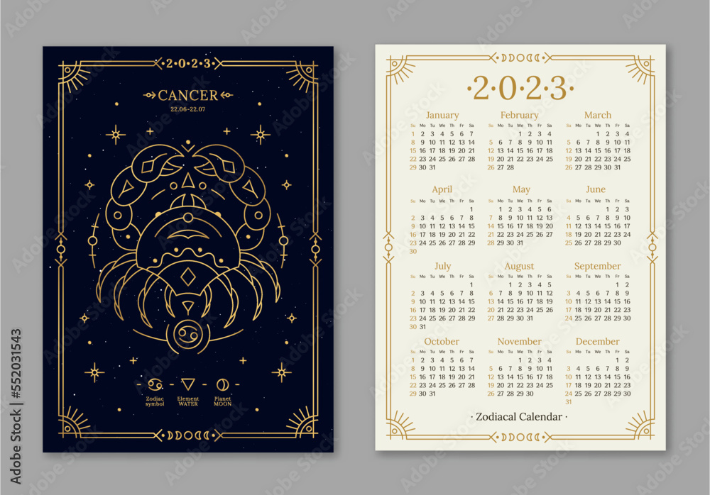 Wall mural year 2023 calendar template with cancer golden zodiac symbol. pocket size dark navy color calendar w