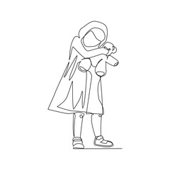 Vector illustration of a girl with a toy drawn in line art style