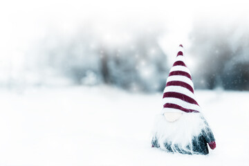 Merry christmas, little and cute dwarf with hat standing on the snow,useful for postcard, poster