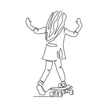 Vector illustration of a girl riding a skateboard drawn in line art style