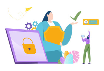 Network security, web safety protection by password access, vector illustration. Tiny flat woman character use account technology, lock