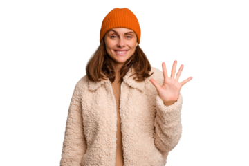 Young caucasian woman wearing winter clothes isolated smiling cheerful showing number five with fingers.