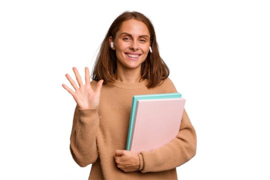 Young student woman holding a books isolated smiling cheerful showing number five with fingers.