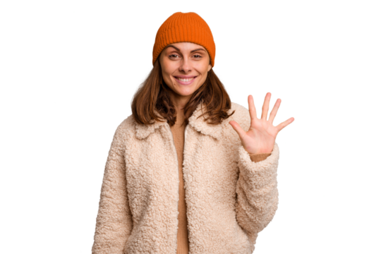 Young caucasian woman wearing winter clothes isolated smiling cheerful showing number five with fingers. - Powered by Adobe